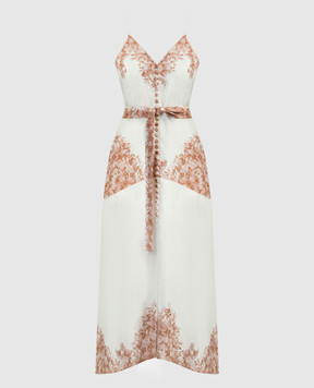 Twinset Белое платье миди из льна в цветочный принт. 241TT2400