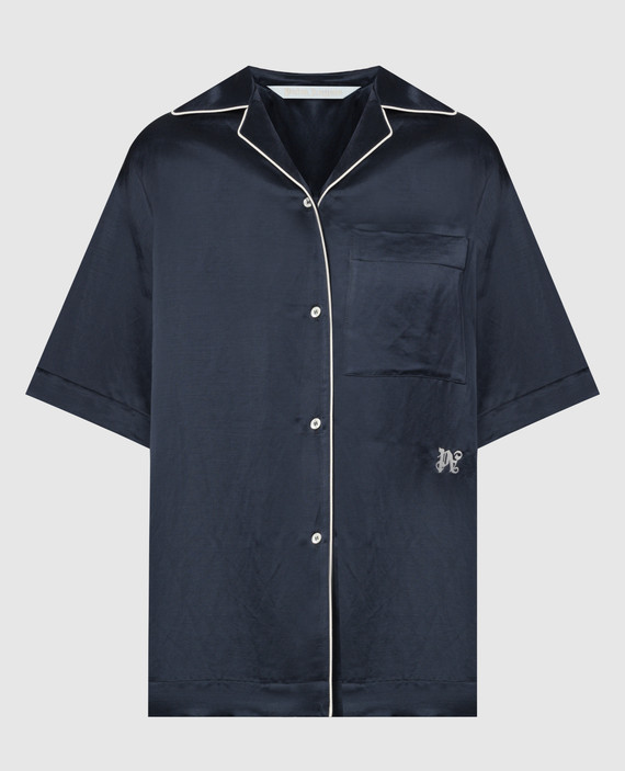 Голубая рубашка с леном с вышивкой логотипа