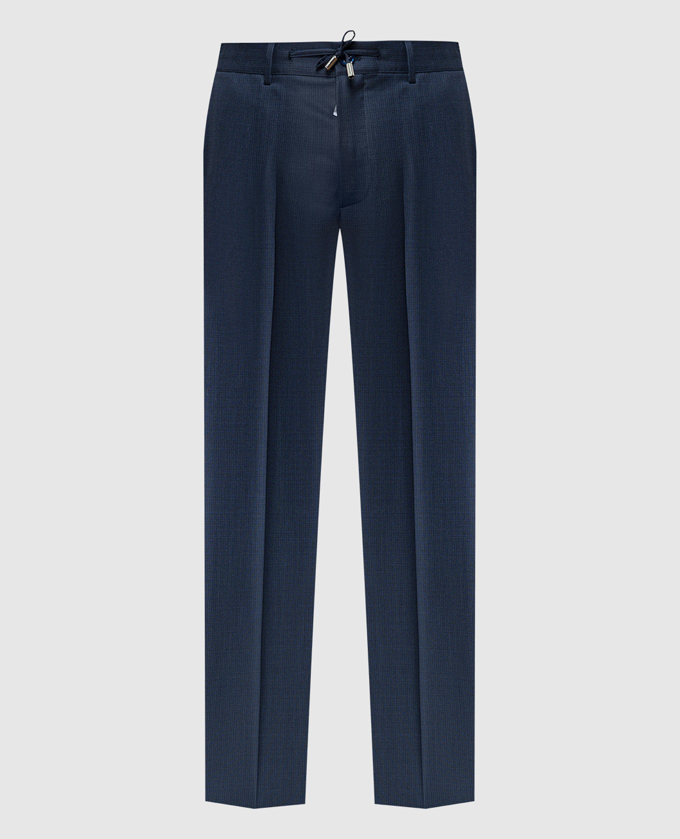 Blue trousers in wool and silk with a metallic logo