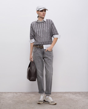 Brunello Cucinelli Серый ажурный топ из льна с пайетками MCO559400