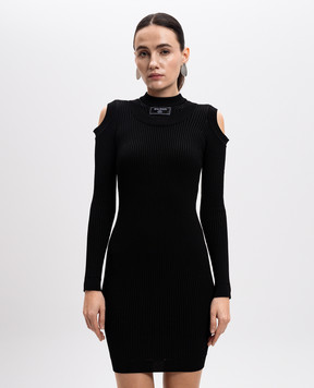Balmain Черное платье миди в рубчике с патчем логотипа EF1R8291KI10
