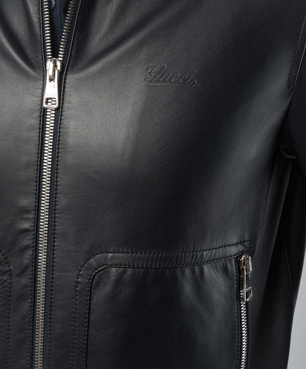 Gucci Синяя кожаная куртка с тиснением логотипа JACKETLEATH изображение 5