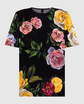 Dolce&Gabbana Черная футболка из шелка в принт пионы и розы. F7AO2TFSA7B