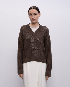 Brunello Cucinelli Коричневый ажурный пуловер MSB581812