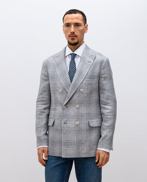 Brunello Cucinelli Сірий двобортний піджак з льону, вовни та шовку в клітинку MR4877BPD