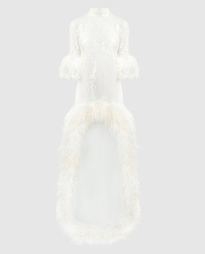 Taller Marmo Белое платье Gina Extravaganza с пайетками с перьями страуса BR2413