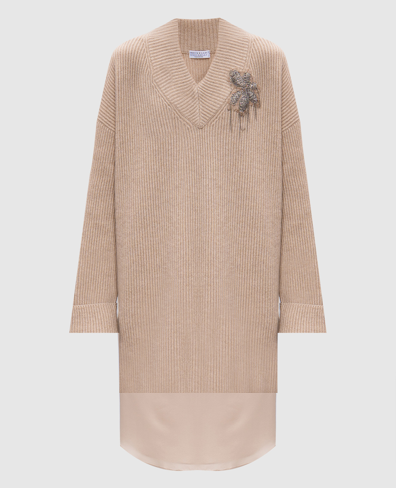 

Бежевое платье из кашемира с аппликацией, Бежевый, Повседневные платья