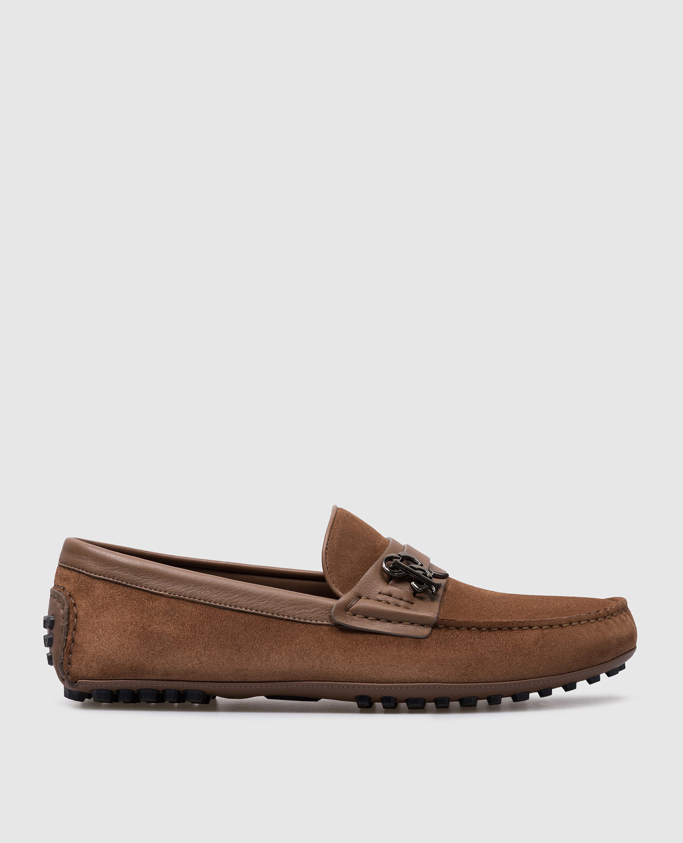 Brown suede moccasins with metallic logo