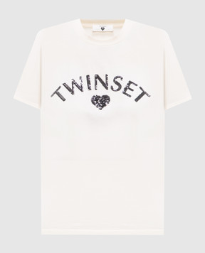Twinset Бежева футболка з вишивкою логотипа з паєтками 251LL2SDD