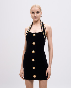 Balmain Черное бархатное платье мини с бусинами EF0R5114PD02
