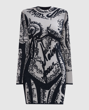 Balmain Синее платье-футляр мини в жаккардовый узор EF1R8739KH94