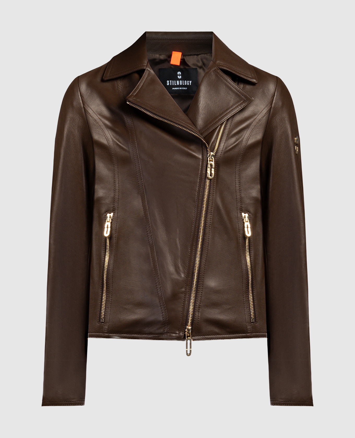 Brown leather jacket with metal logo