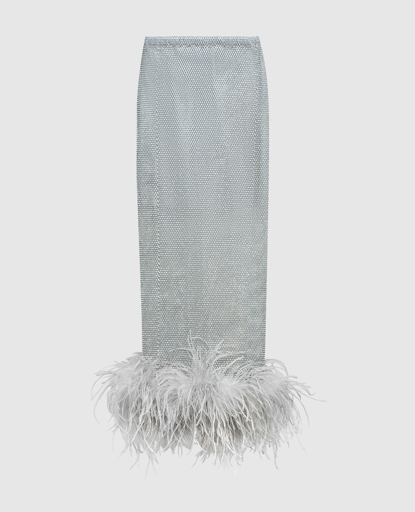 Серебристая юбка с кристаллами и перьями страуса