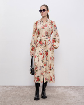 Max Mara Weekend Бежевое платье-рубашка WALES из шелка в цветочный принт WALES
