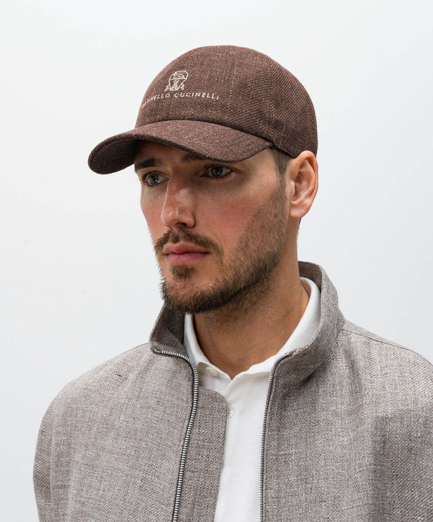 Brunello Cucinelli Коричнева кепка з льону, вовни та шовку з вишивкою емблеми з логотипом MW4829850 зображення 2