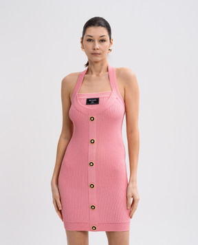 Balmain Розовое мини платье в рубчик с нашивкой логотипа EF1R4023KI10