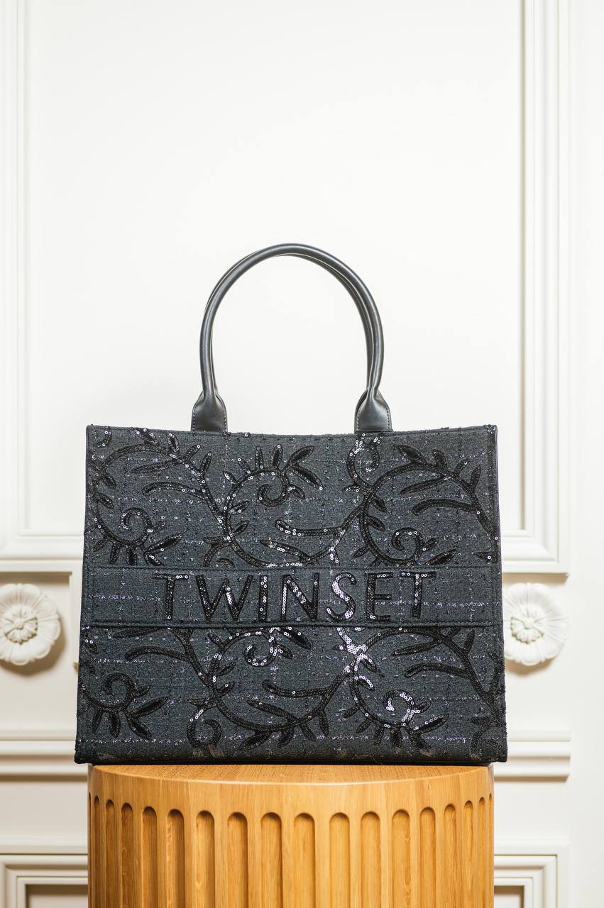 Twinset Чорна сумка-тоут з логотипом з аплікацією з паєтками 242TD8100 зображення 6