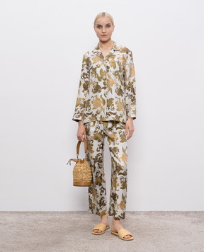 Max Mara Белые штаны LEDA из шелка в цветочный принт. LEDA