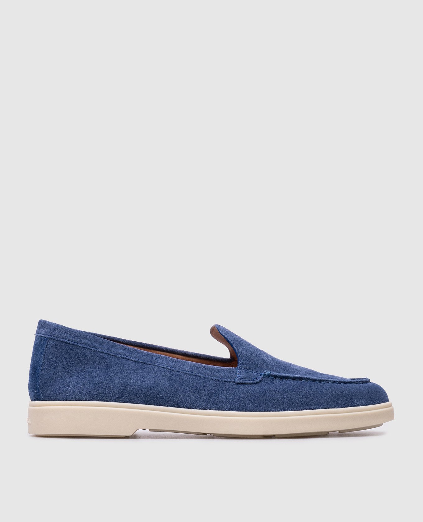 Blue suede loafers with textured logo