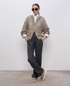 Brunello Cucinelli Бежевий ажурний кардиган з капюшоном MEA338206