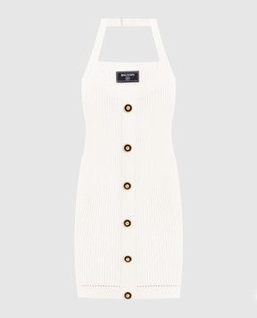 Balmain Белое платье мини в рубчике с нашивкой логотипа EF1R4023KI10