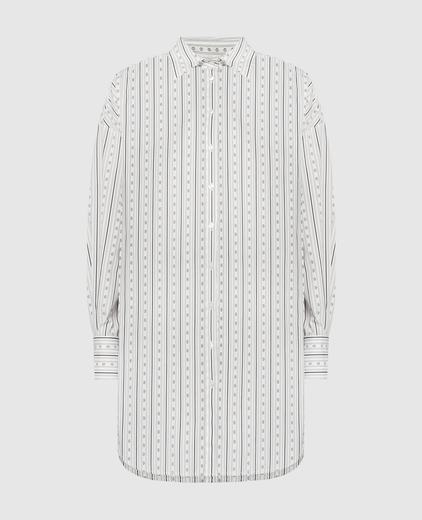 White elongated shirt with a logo pattern