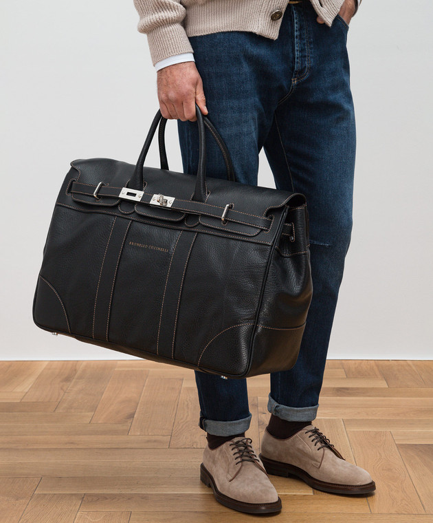 Brunello Cucinelli Черная кожаная дорожная сумка с логотипом MBZIBU071 изображение 2
