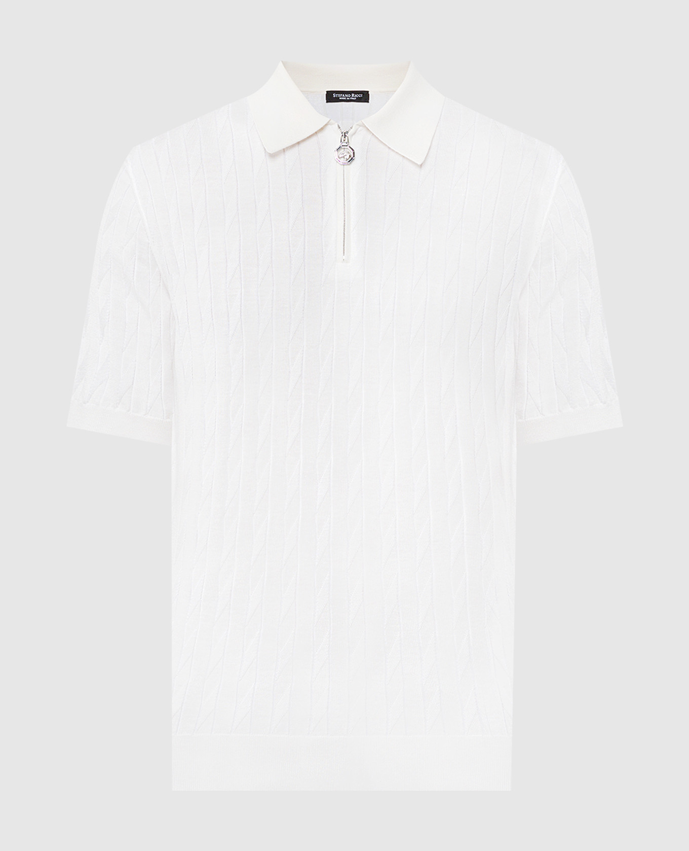 White polo with silk in a textured pattern with a logo