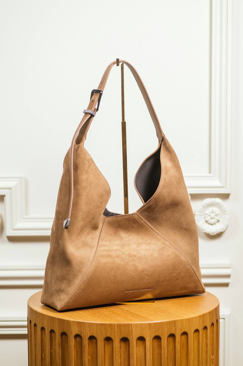 Brunello Cucinelli Коричневая замшевая сумка-хобо Duo с тиснением логотипа MBHID3678 изображение 6