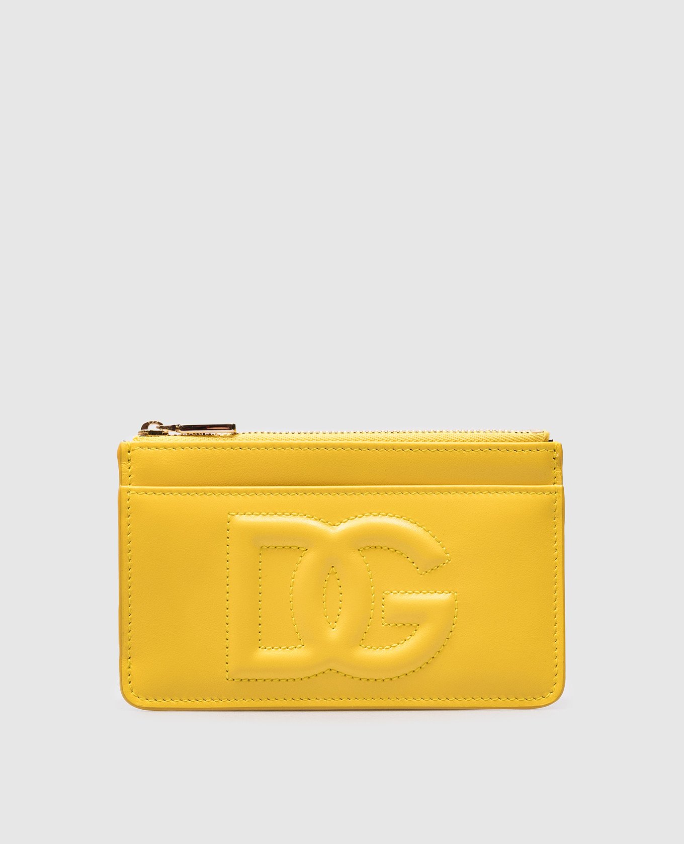 Yellow leather card holder with monogram logo embroidery