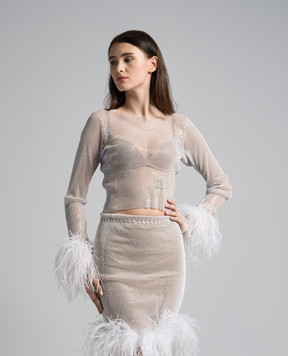 Santa Brands Білий топ з кристалами і пір'ям страуса FEATHERSTOP