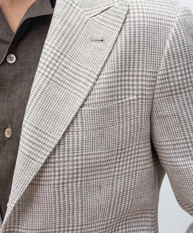 Brunello Cucinelli Бежевий піджак з льону, вовни та шовку в клітинку MR4807BFD2 зображення 5