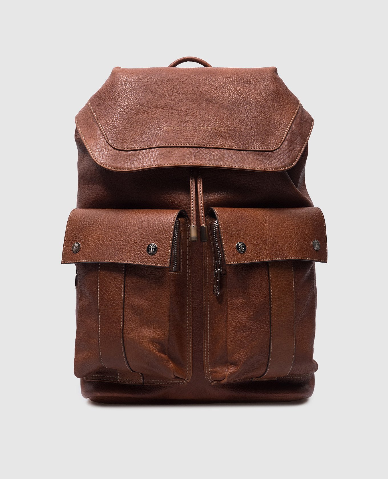 Brown leather backpack with embossed logo