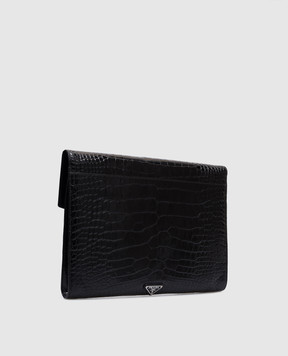 Prada Черная папка для документов из кожи крокодила с логотипом VR0074