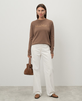 Max Mara Коричневый свитер KASSEL из шерсти и кашемира с логотипом из кристаллов KASSEL