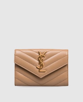 Saint Laurent Бежевий шкіряний стьобаний гаманець з монограмою Cassandre 414404AAA44