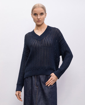 Brunello Cucinelli Синий ажурный пуловер с цепочкой мониль MSB581812