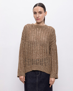 Brunello Cucinelli Коричневий ажурний светр з шовком і льном MEA393110