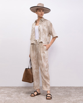Brunello Cucinelli Бежевые брюки из льна в цветочный узор. MB650P8597