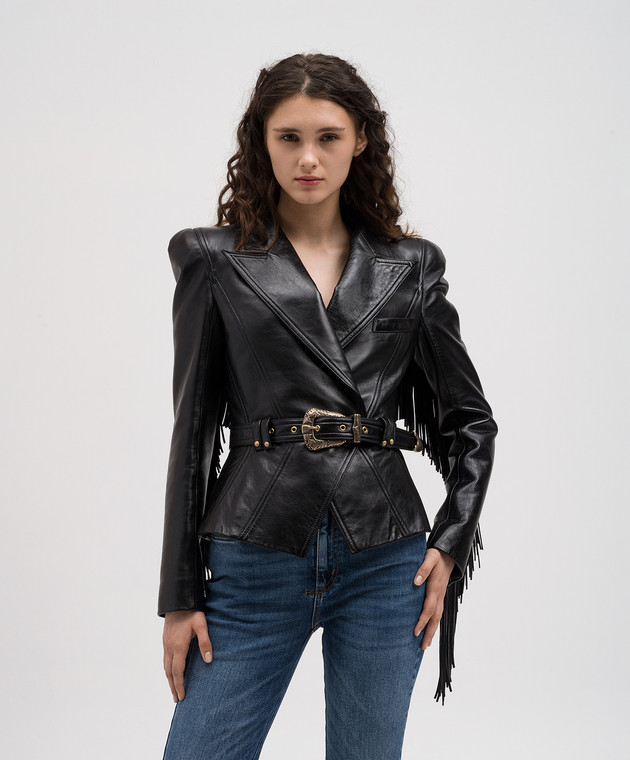 Balmain Черная двубортная кожаная куртка с бахромой CF1SI353LC92 изображение 3