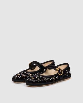 Valentino Чорні оксамитові балетки Mary-Jane з намистинами 7W2S0MQ8BNU