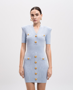 Balmain Блакитна сукня-футляр міні з брендованою фурнітурою EF1R6045KB07