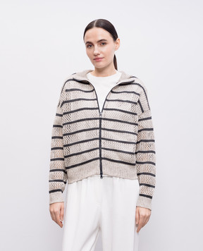 Brunello Cucinelli Бежевый ажурный кардиган из льна в полоску MCO558906