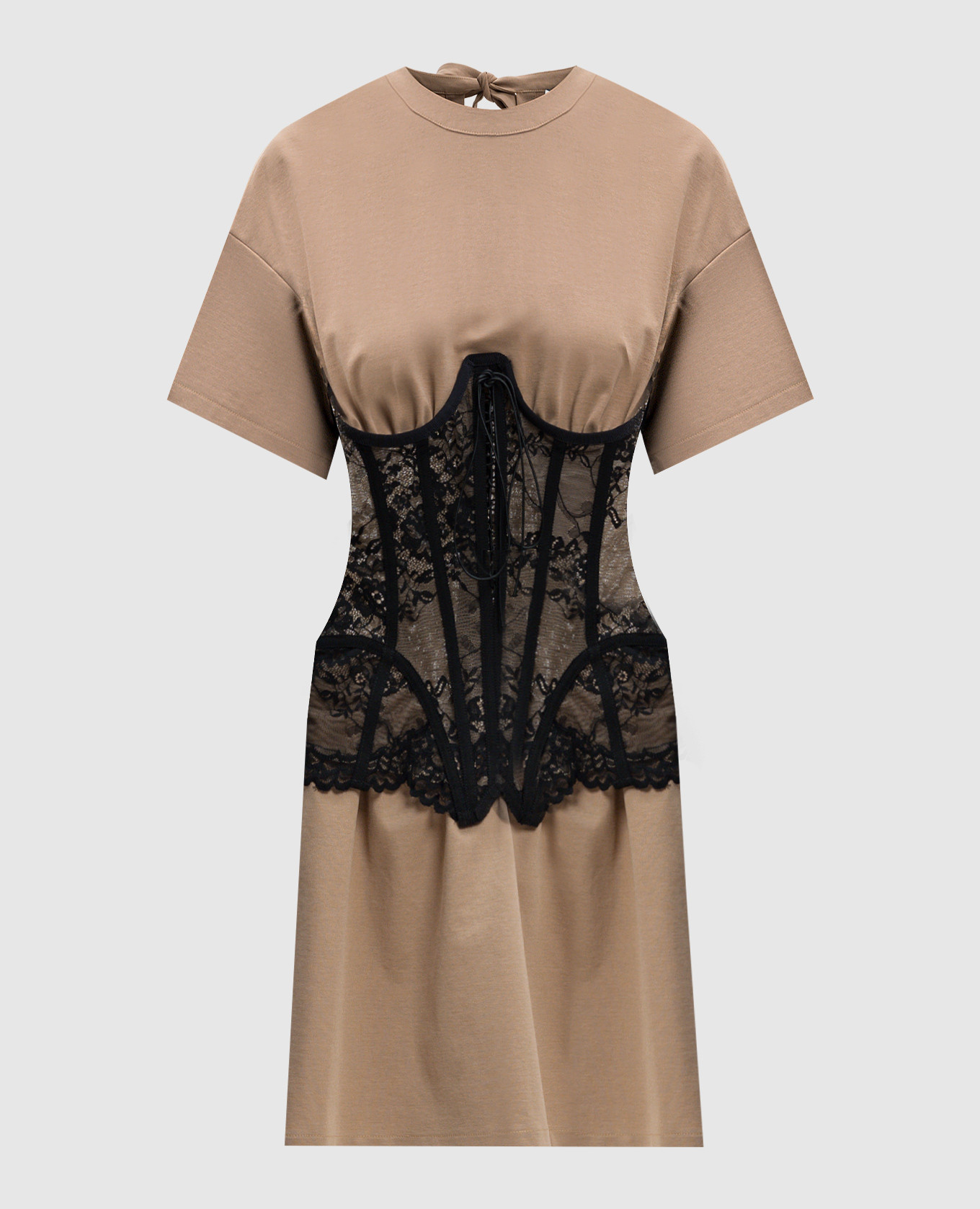

Бежевое платье-футболка со вшитым корсетом из кружева, Бежевый, Повседневные платья