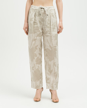 Brunello Cucinelli Бежевые брюки из льна в цветочный принт MB650P8597
