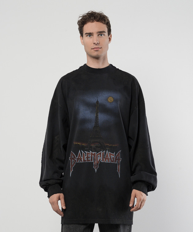 Balenciaga Черный лонгслив PARIS MOON с винтажным эффектом 791613TQVY2 изображение 3