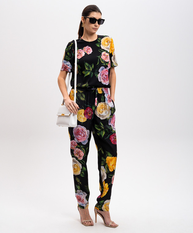 Dolce&Gabbana Черные брюки из шелка в принт пионы и розы FTC11TIS1XJ изображение 2