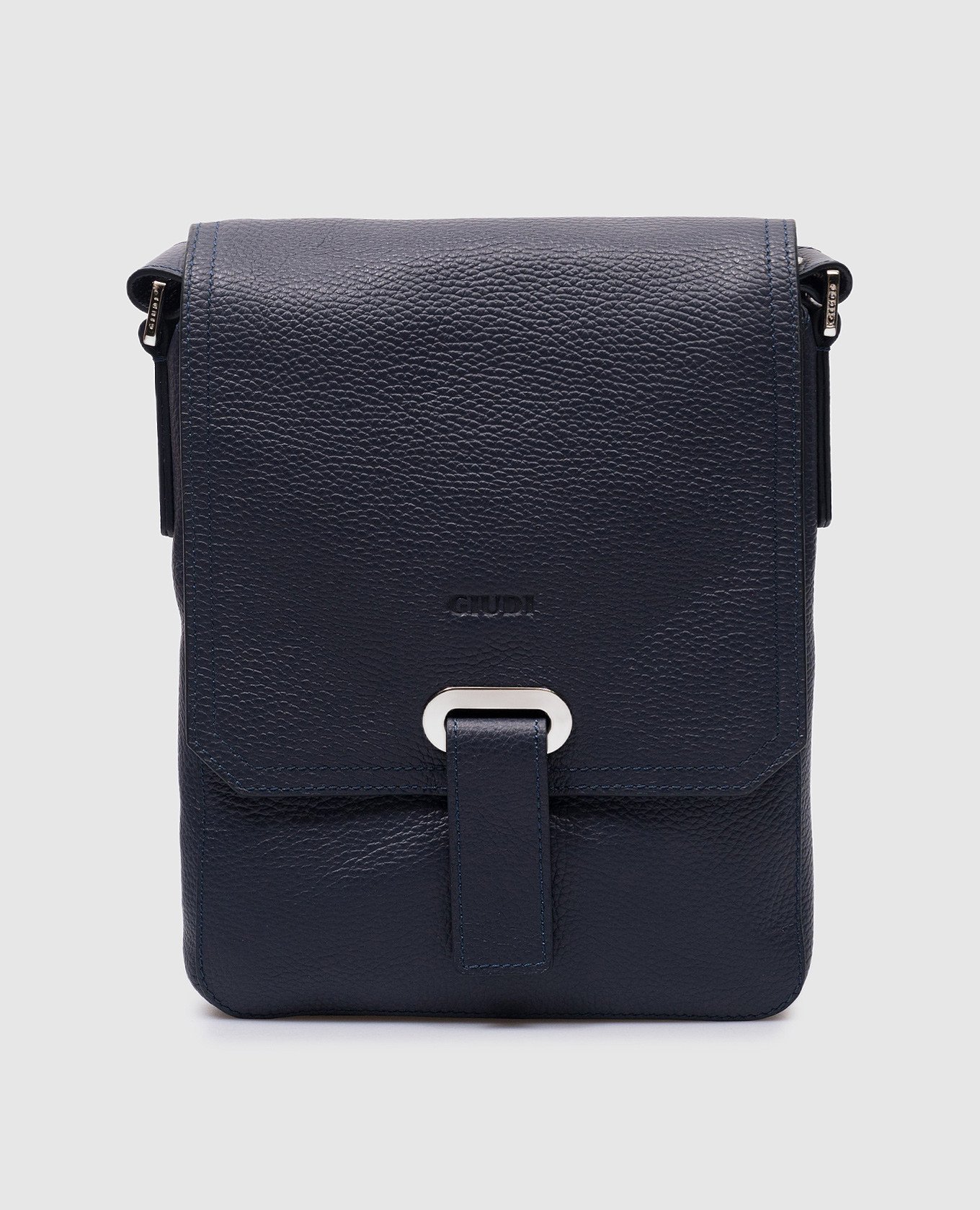 Blue leather messenger bag with embossed logo