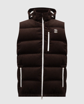 Brunello Cucinelli Коричневый вельветовый пуховый жилет с вышивкой эмблемы MM180KG10