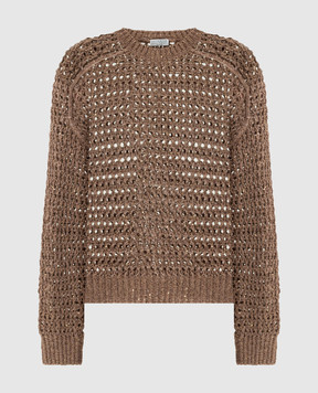 Brunello Cucinelli Коричневий ажурний светр з шовком та льоном з паєтками MEA360400P